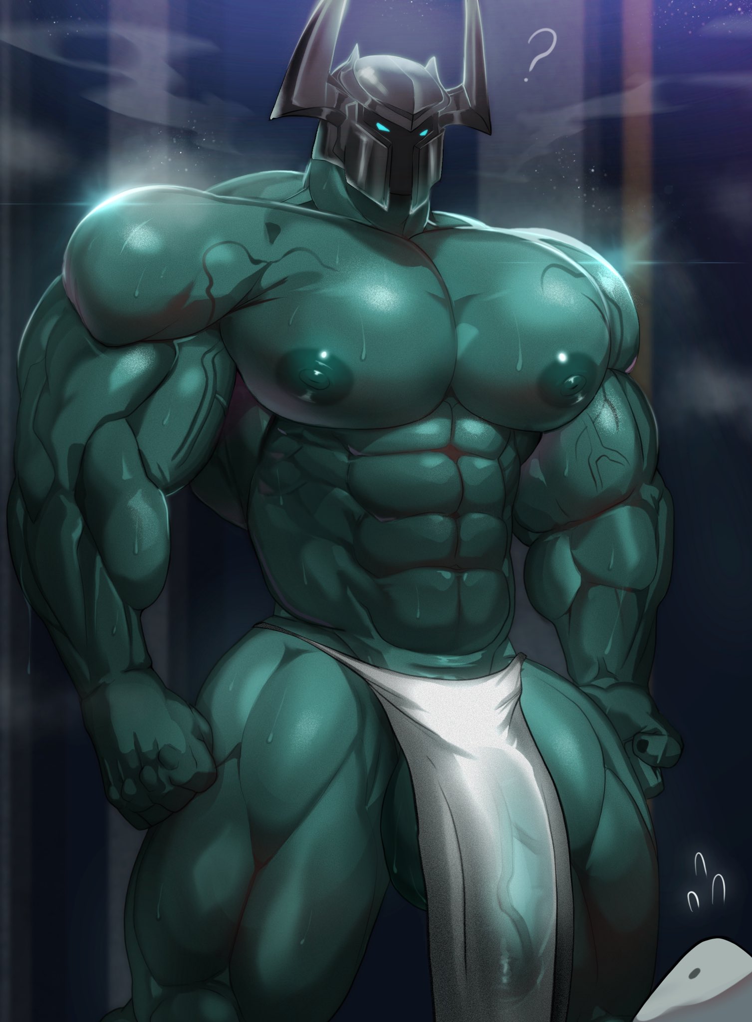 1boy, abs, balls, bara, biceps, big balls, big muscles, big pecs, big penis, blue eyes, bulge, confused look, daddy, dilf, flaccid, gay, green body, green skin, half-erect, helmet, huge cock, league of legends, loincloth, magangz, male, male only, mordekaiser, muscles, muscular, muscular arms, muscular male, muscular thighs, nipples, pecs, penis, question mark, riot games, see-through, size difference, veiny muscles, veiny penis, yaoi