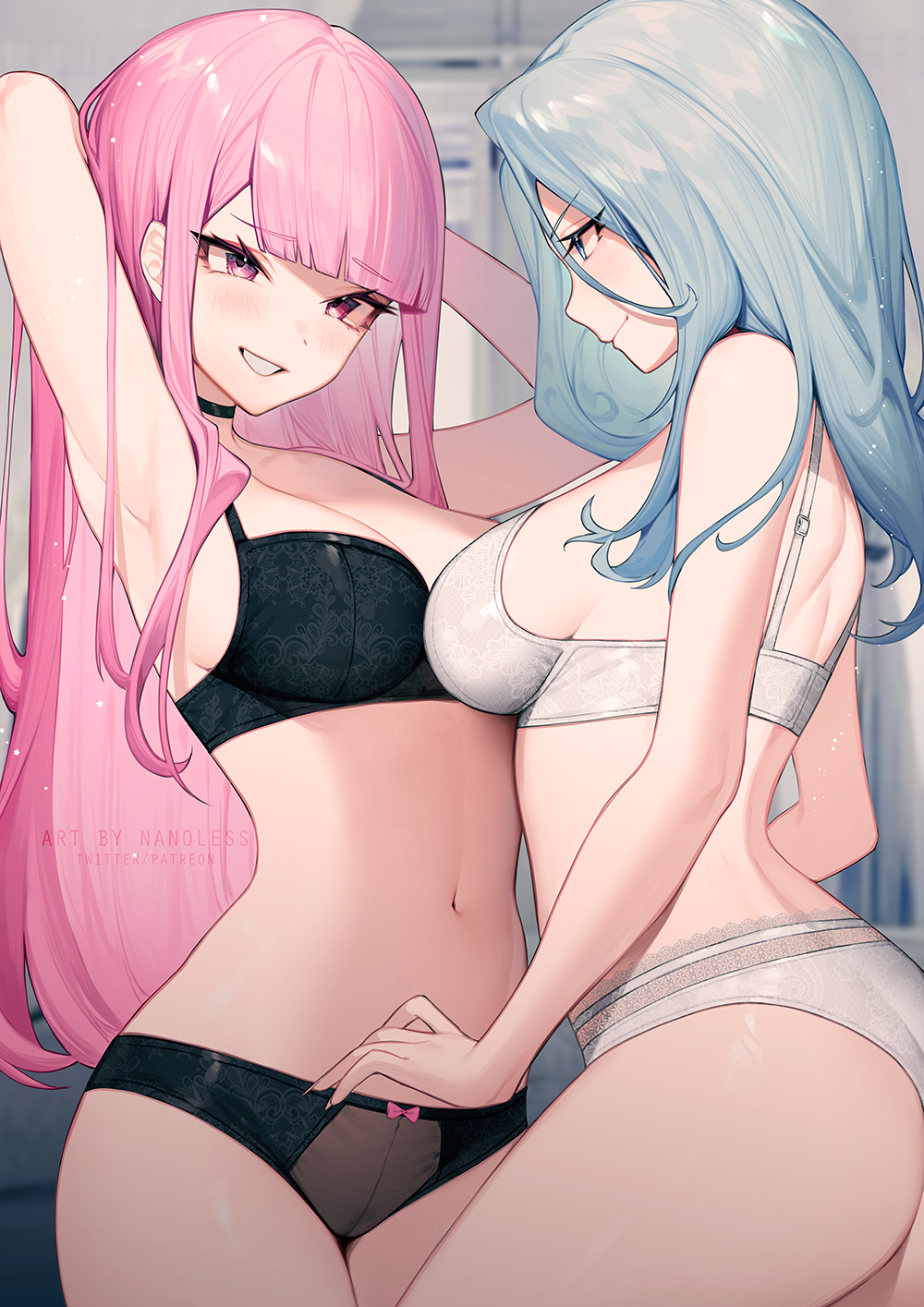 2girls amalee ass blue_eyes blue_hair blunt_bangs blush bra breasts female grey_hair hololive hololive_english hololive_myth long_hair looking_at_another monarch_(amalee) mori_calliope multiple_girls nanoless navel panties pink_hair red_eyes sideboob smile underwear virtual_youtuber yuri