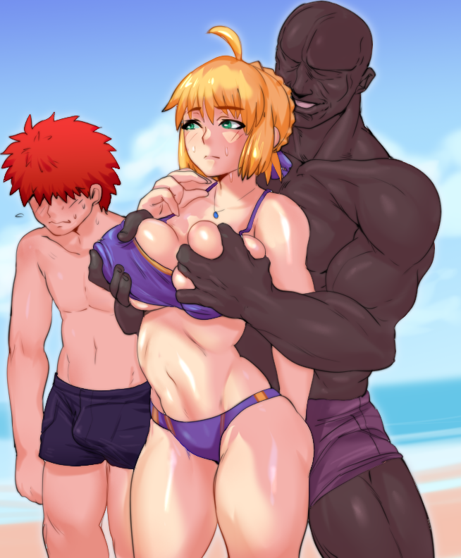 1girls 2boys artoria_pendragon athletic_female beach big_breasts bikini bikini_bottom bikini_top blonde_female blonde_hair bulge cheating cheating_female cheating_girlfriend cuckold dark-skinned_male dark_skin emiya_shirou erection erection_under_clothes faceless_male fate/stay_night fate_(series) female from_behind from_behind_position grabbing_breasts grabbing_from_behind green_eyes groping groping_breasts groping_from_behind human human_only interracial large_breasts light-skinned_female light-skinned_male light_skin male muscular muscular_male netorare ntr raizengax red_hair saber short_hair small_bulge straight thick_thighs toned toned_female