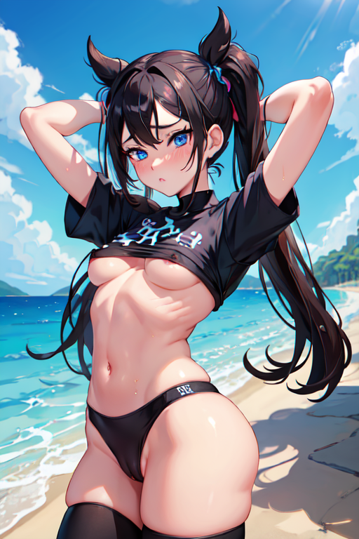 1girls ai_generated arms_up ass beach bikini blush cropped_shirt embarrassed expressive eyes female female_only little marnie_(pokemon) medium_hair petite pokemon shy skindentation slight_smile slim_waist small_breasts smirk solo thighs