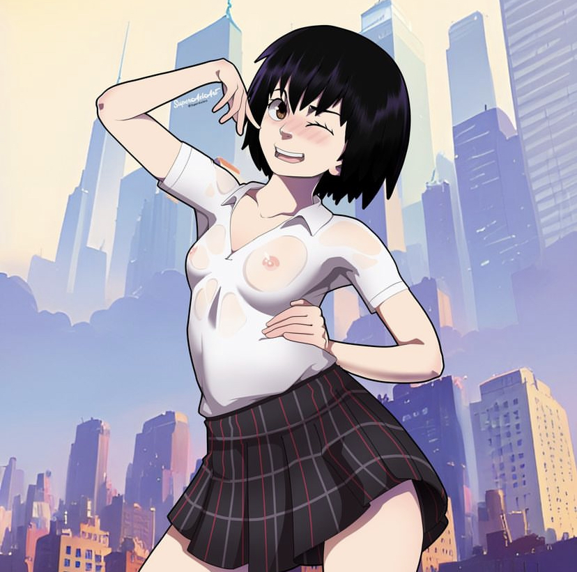 1girls anime breasts breasts_out female looking_at_viewer marvel peni_parker school_uniform schoolgirl skirt solo spider-man:_into_the_spider-verse spider-man_(series) superaxlart tagme tiny_breasts wet_clothes younger_female