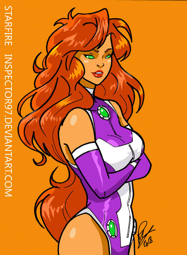 bare_shoulders big_breasts big_hair breasts dc folded_arms green_eyes hair inspector97 lipstick long orange_skin red_hair starfire superhero_costume superheroine teen_titans thighs tight_costume tight_outfit