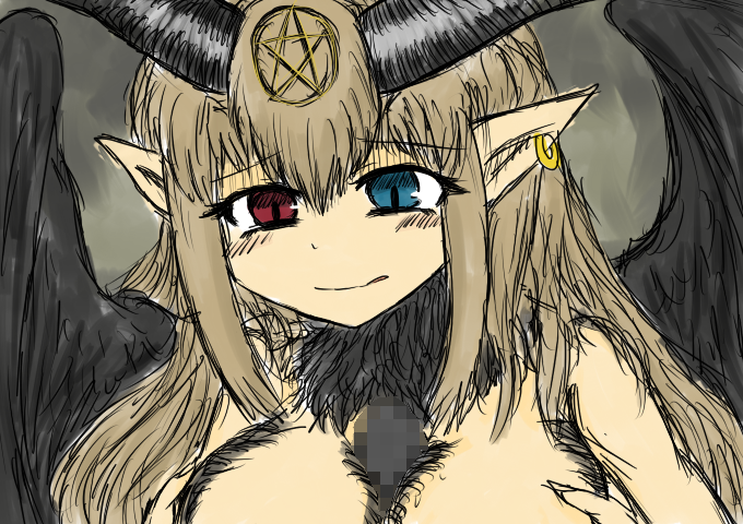 baphomet_(black_souls) big_breasts black_souls black_wings blonde_hair censored censored_genitalia censored_penis earring female female_focus game_cg grimm_(black_souls) heterochromia horns long_hair mosaic_censoring non-web_source paizuri penis pentagram png pointy_ears simple_background straight sushi_yuusha_toro white_skin wings