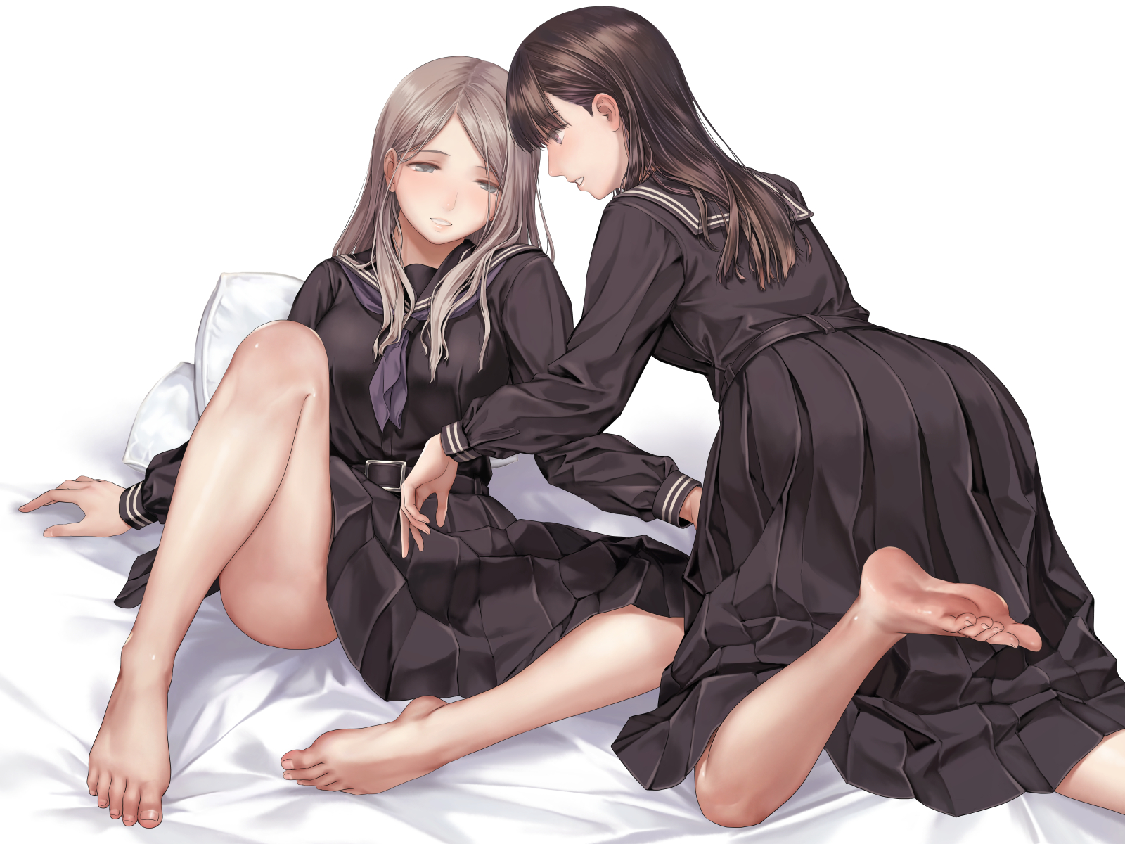 2girls, barefoot, belt, black belt, female, female only, long hair, pillow, school uniform, takekawa shin, thighs, yuri