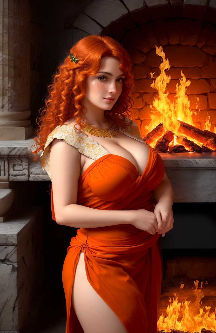 1girls ai_generated curly_hair dress female female_only fire fireplace goddess greek_mythology happy hestia indoors kitchen large_breasts long_hair mythology orange_hair sole_female stable_diffusion thick thick_thighs virgin wanting_sex