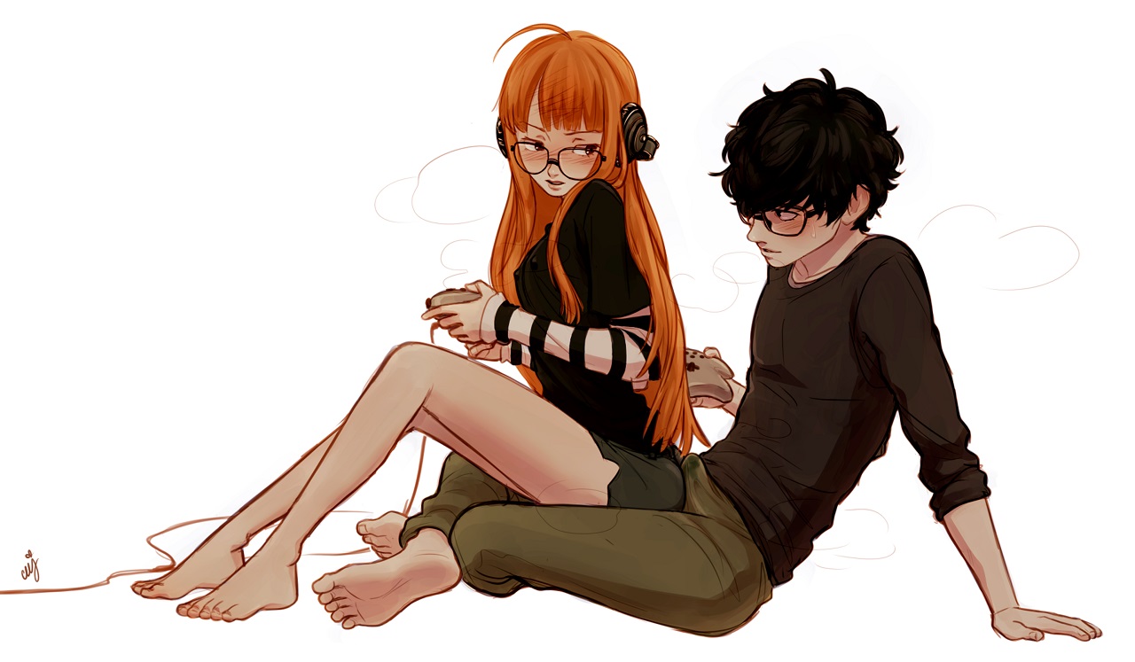 ceejss, erection, female, female focus, male, male/female, persona, persona 5, ren amamiya, sakura futaba, sitting, sitting on lap, sitting on person, tagme