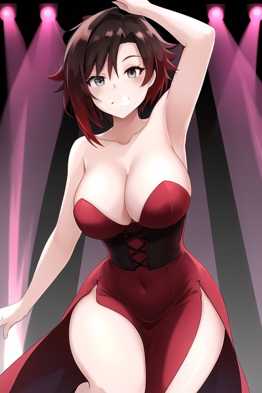 ai_generated armpits belly_button big_breasts black_hair cleavage curvy dress novelai red_dress ruby_rose rwby short_hair silver_eyes stable_diffusion thick_thighs transformationwitch