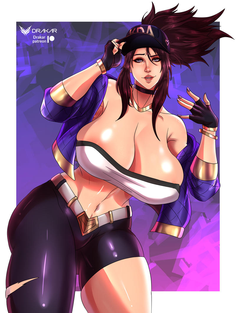 akali big_breasts cleavage drakar female jacket k/da_akali k/da_series league_of_legends shiny_skin strapless strapless_top strapless_topwear tubetop