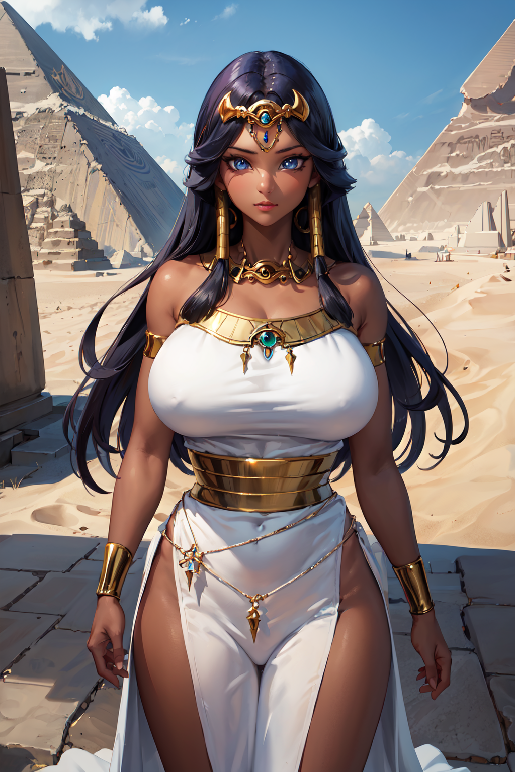 1girls, ai generated, big breasts, blue eyes, breasts, dark skin, dark-skinned female, egyptian, egyptian female, female, isis ishtar, mommy, stable diffusion, yu-gi-oh!, yu-gi-oh! duel monsters, yuu-gi-ou duel monsters