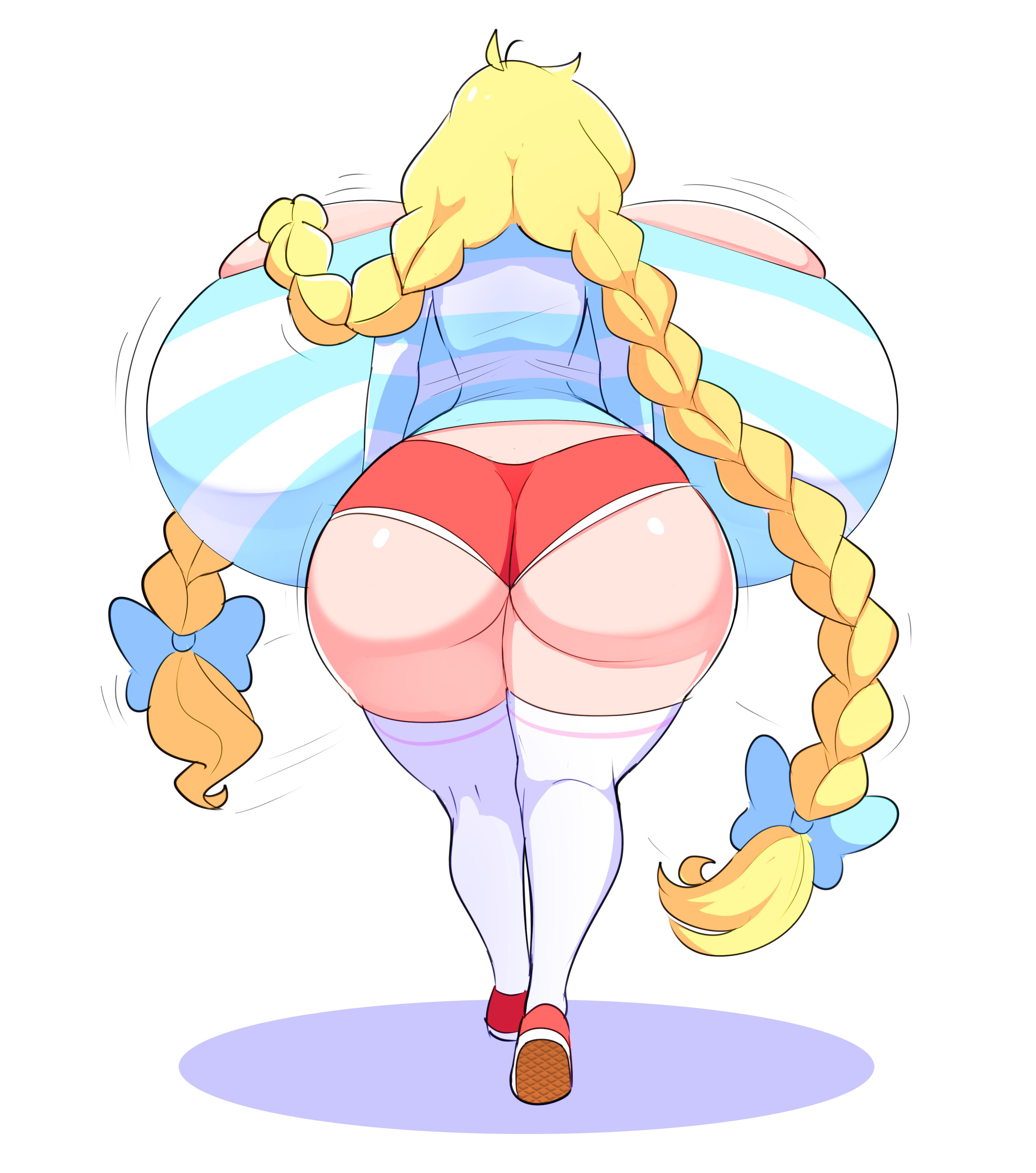 1girls, 2023, ass, back view, big ass, big breasts, blonde hair, braided hair, braided twintails, breasts, bubble ass, bubble butt, cassie (theycallhimcake), curvaceous, curvy, female, gigantic breasts, huge ass, huge breasts, hyper, hyper breasts, long hair, massive breasts, shorts, theycallhimcake, thick thighs, thigh socks, thighs, twintails, voluptuous, wide hips