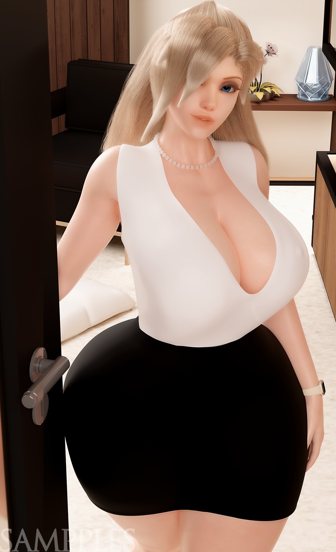 1girls, 3d, ass, big ass, big breasts, blizzard entertainment, blonde hair, breast focus, breasts, cleavage, female, highres, hourglass figure, huge breasts, makeup, mercy, nipples, nude, nude female, overwatch, sampples, skirt, thick thighs, wide hips