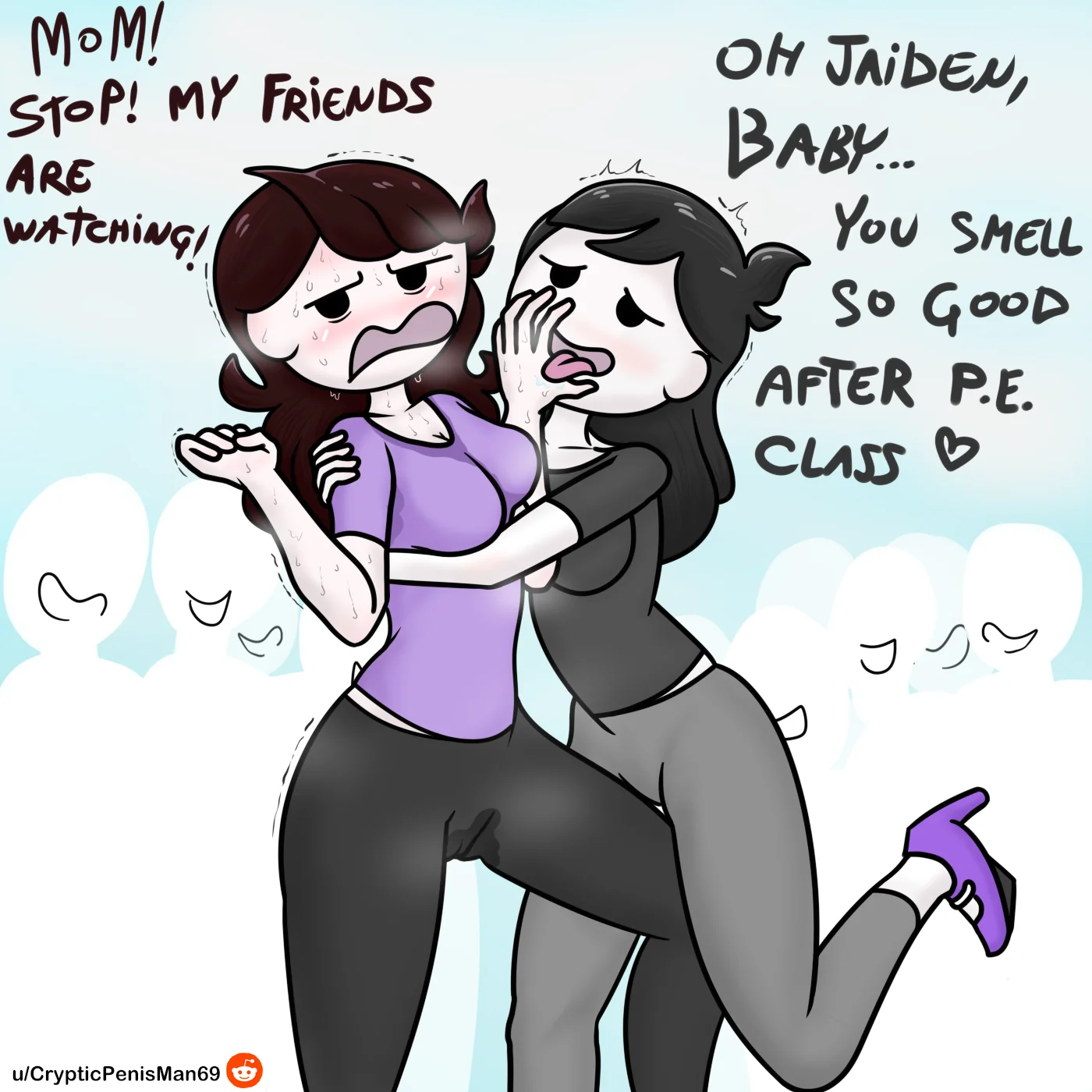 being watched, blush, crypticpenisman69, dubious consent, embarrassed, embrace, faceless character, female, high heels, hugging, incest, jaiden, jaiden animations, jaidens mom, male, mother, mother and daughter, penis, pushing away, pussy, soaked pussy, sweat, sweaty armpits, wet pussy, youtube, youtuber, yuri