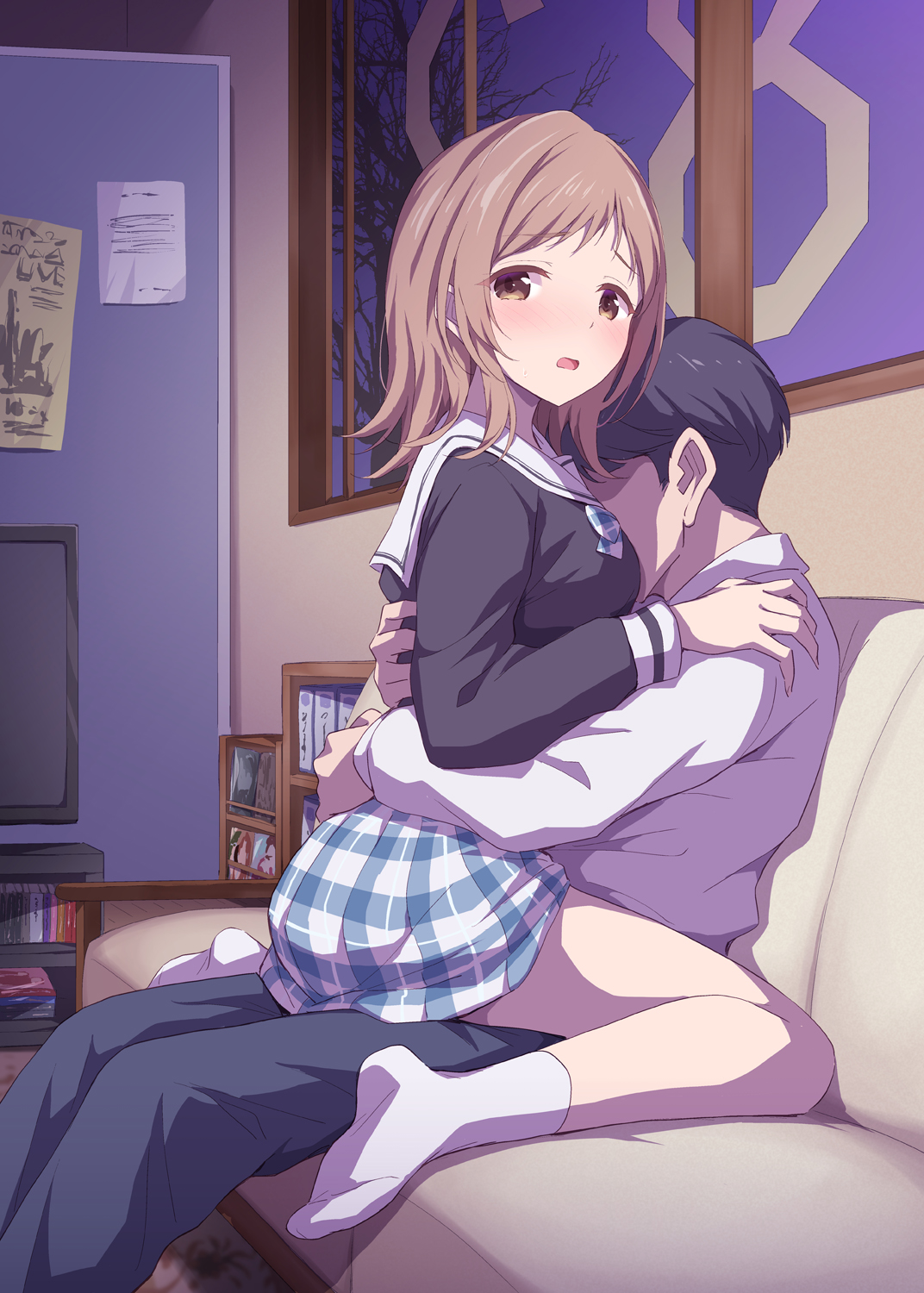 1boy, 1girls, age difference, blush, bra, breasts, brown eyes, brown hair, couch, cowgirl position, faceless, faceless male, female, from side, highres, hug, idolmaster, idolmaster shiny colors, indoors, large breasts, male, marugoshi (54burger), older male, older male and younger female, on couch, open mouth, producer (idolmaster), sakuragi mano, school uniform, sex, sitting, sitting on lap, sitting on person, skirt, socks, straddling, straight, teenage female, teenager, underwear, upright straddle, younger female