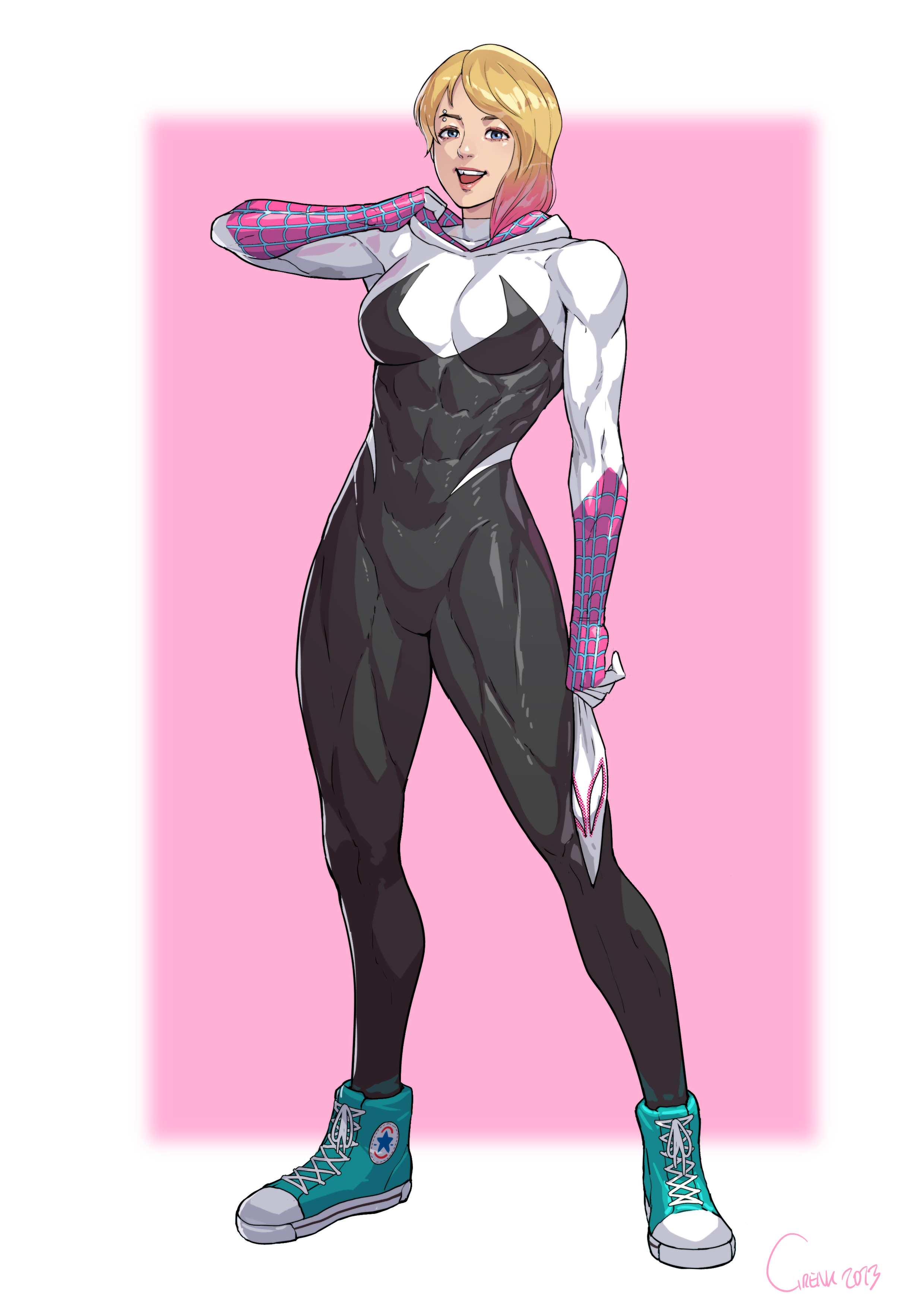 1girls, 2023, abs, blonde hair, breasts, cirenk, dressed, eyebrow piercing, female, gwen stacy, light skin, light-skinned female, marvel, marvel comics, mask off, muscular, muscular female, muscular thighs, no sex, non-nude, sfw, sneakers, solo, solo female, spider-man (series), spider-man: across the spider-verse, spider-man: into the spider-verse, superheroine, tight bodysuit