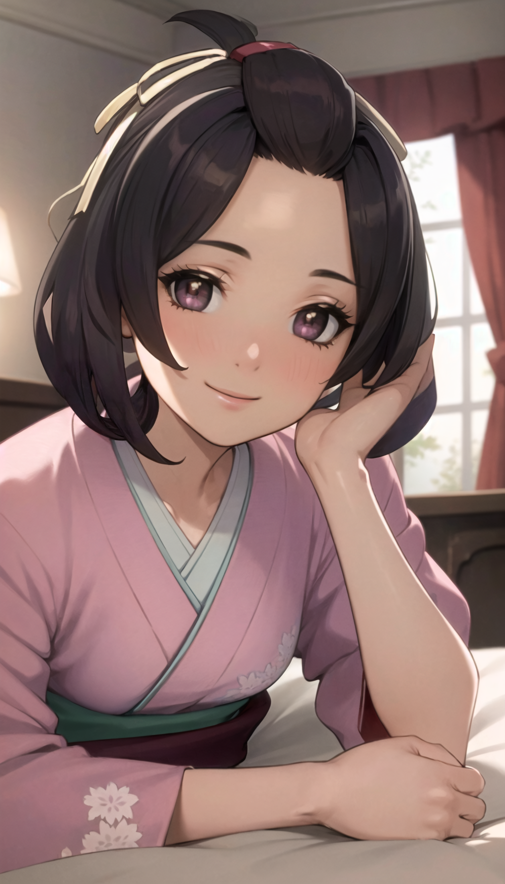 1girls ai_generated bed bedroom brown_eyes brown_hair gyakuten_saiban gyakuten_saiban hair_ornament hair_rings kimono light-skinned_female looking_at_viewer lying_on_bed lying_on_stomach pillow pink_kimono rtxon short_hair short_ponytail slim_waist small_breasts smile susato_mikotoba teenager the_great_ace_attorney