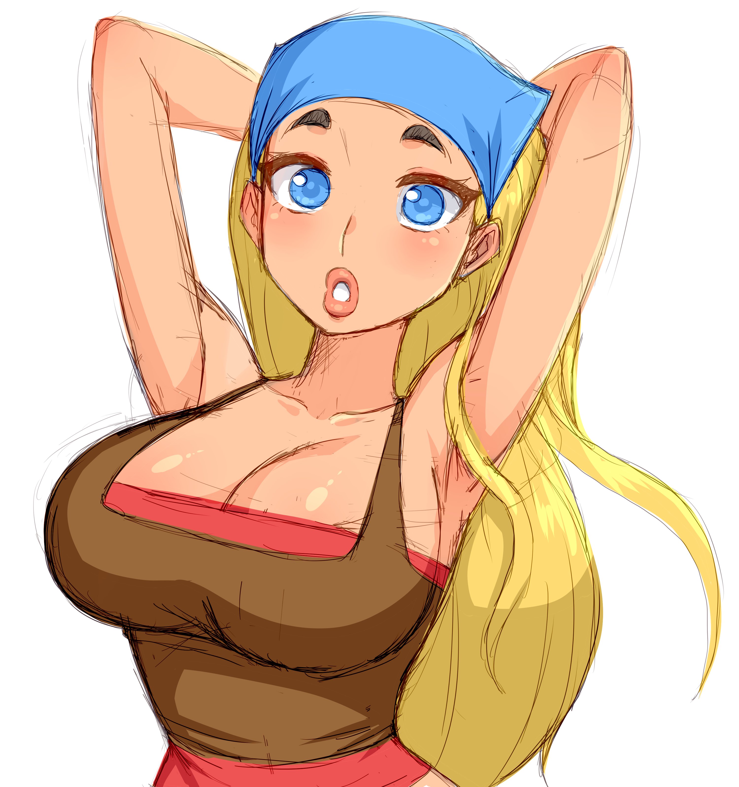 1girls, absurd res, armpits, bandana, big breasts, blonde hair, blue eyes, blush, breasts, cartoon network, cleavage, female, female only, hi res, large breasts, light skin, lindsay (tdi), lips, long hair, looking at viewer, sfw, simmsy, simple background, sketch, solo, total drama island, white background