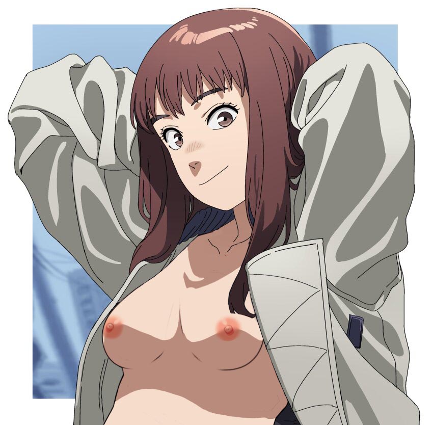 1girls, arms behind head, breasts, brown eyes, brown hair, edit, female, female only, jacket, kiruko (tengoku daimakyou), long hair, long sleeves, looking at viewer, nipples, nude filter, small breasts, smile, solo, tengoku daimakyou, topless