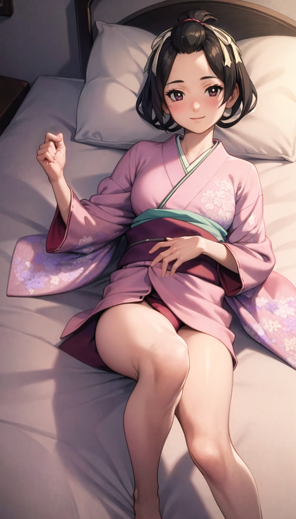 1girls ai_generated bed bedroom brown_eyes brown_hair gyakuten_saiban gyakuten_saiban hair_ornament hair_rings kimono light-skinned_female looking_at_viewer lying_on_bed pillow pink_kimono rtxon short_hair short_ponytail slim_waist small_breasts smile susato_mikotoba teenager the_great_ace_attorney