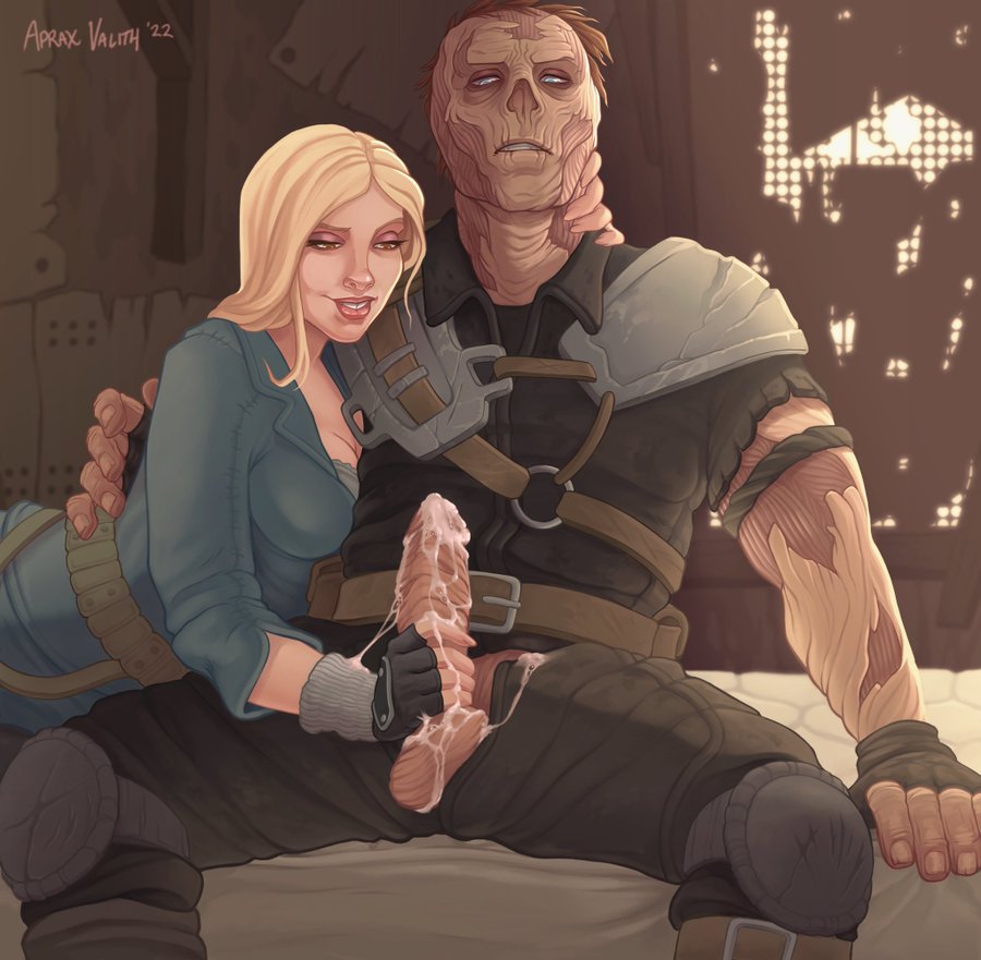 2022 aprax_valith armor blonde_hair charon charon_(fallout) cum duo fallout fallout_3 female functionally_nude ghoul ghoul_(fallout) handjob male penis penis_out straight testicles ugly_bastard ugly_man vault_girl