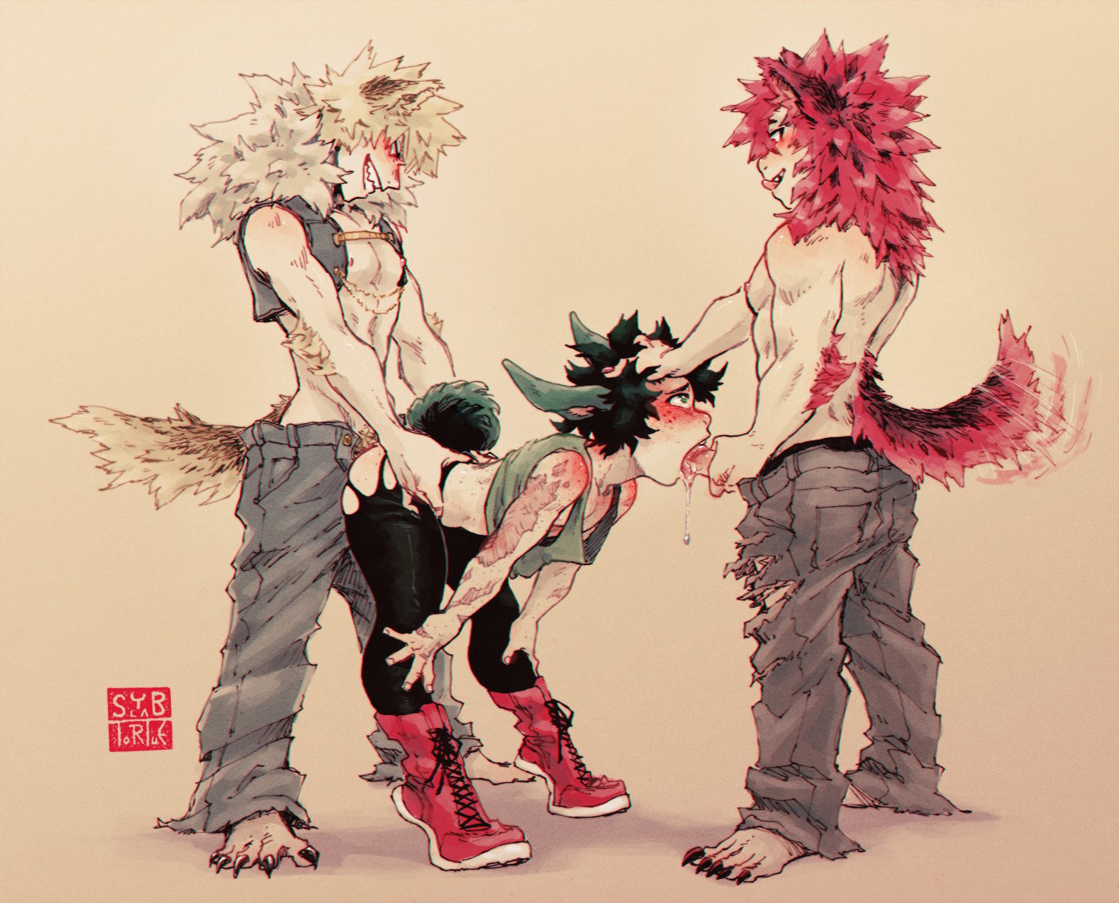 3boys, anal, animal ears, anthropomorphized, blonde hair, blowjob, blushing, bunny, bunny boy, bunny ears, bunny tail, claws, clothed, cute, deku, doggy style, eijirou kirishima, fellatio, fellatio while penetrated, from behind position, gay, gay sex, giving head, green eyes, green hair, hand in hair, hand on head, hands on waist, holding waist, izuku midoriya, katsuki bakugou, male, male only, male penetrated, male penetrating, male/male, midoriya izuku, my hero academia, oral, oral while penetrated, penis, rabbit boy, rabbit ears, rabbit tail, red eyes, red hair, ripped clothing, ripped pants, spiky hair, standing doggy style, standing sex, sucking penis, syblatortue, tail, tail wagging, taken from behind, threesome, wagging tail, werewolf, wolf ears, wolf tail, wolves, yaoi