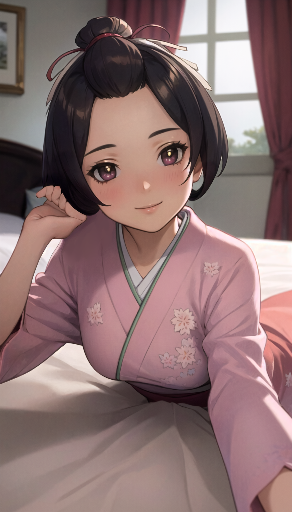 1girls ai_generated bed bedroom blush brown_eyes brown_hair gyakuten_saiban hair_rings kimono light-skinned_female looking_at_viewer lying_on_bed lying_on_stomach pillow pink_kimono reaching_out rtxon short_hair short_ponytail small_breasts smile susato_mikotoba teenager the_great_ace_attorney