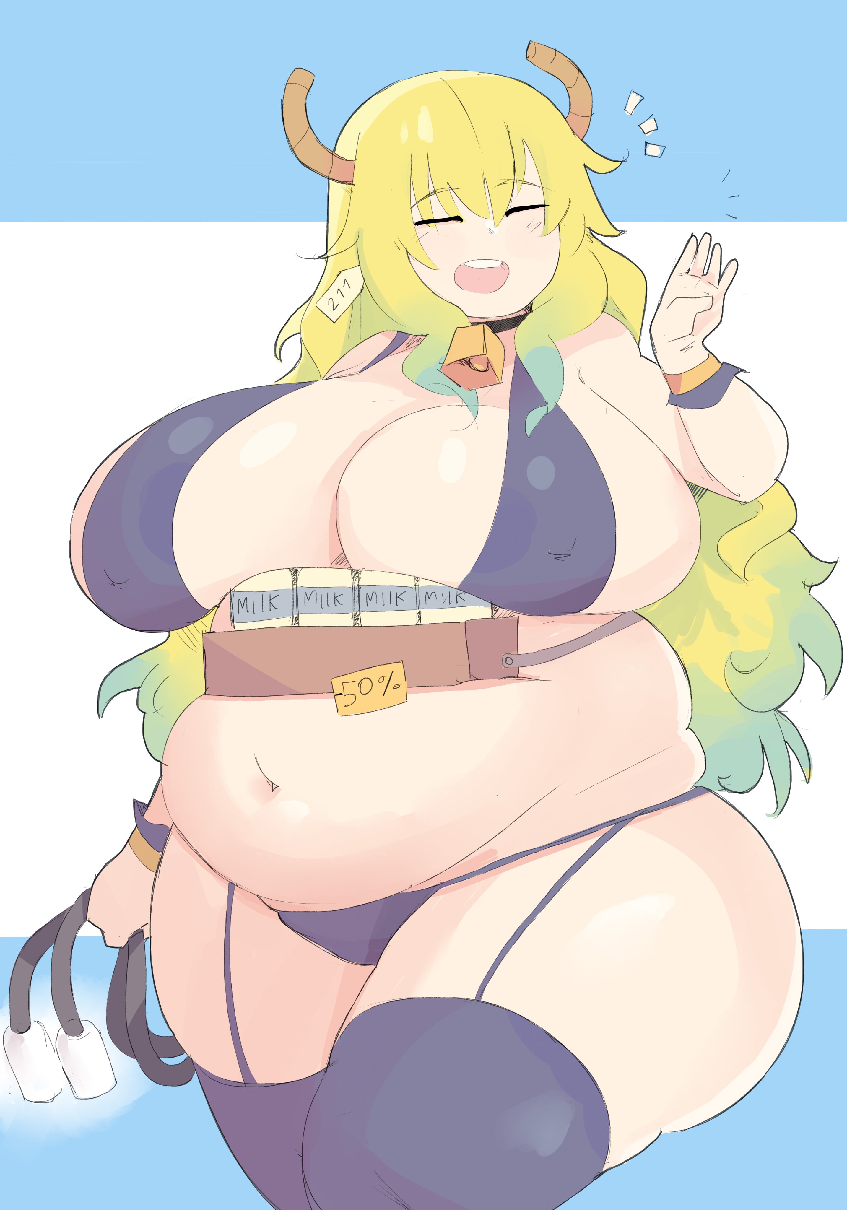 1girls, 2023, absurd res, bbw, belly, breasts, chubby, chubby female, closed eyes, cowbell, eyes closed, female, female focus, garter straps, hips, horns, huge breasts, long hair, lucoa, milk, miss kobayashi's dragon maid, morbidly obese, napolitane, nipple bulge, overweight, plump, quetzalcoatl (dragon maid), sideboob, solo, solo female, solo focus, thick thighs, thighhighs, thighs, two-tone hair, voluptuous, wide hips