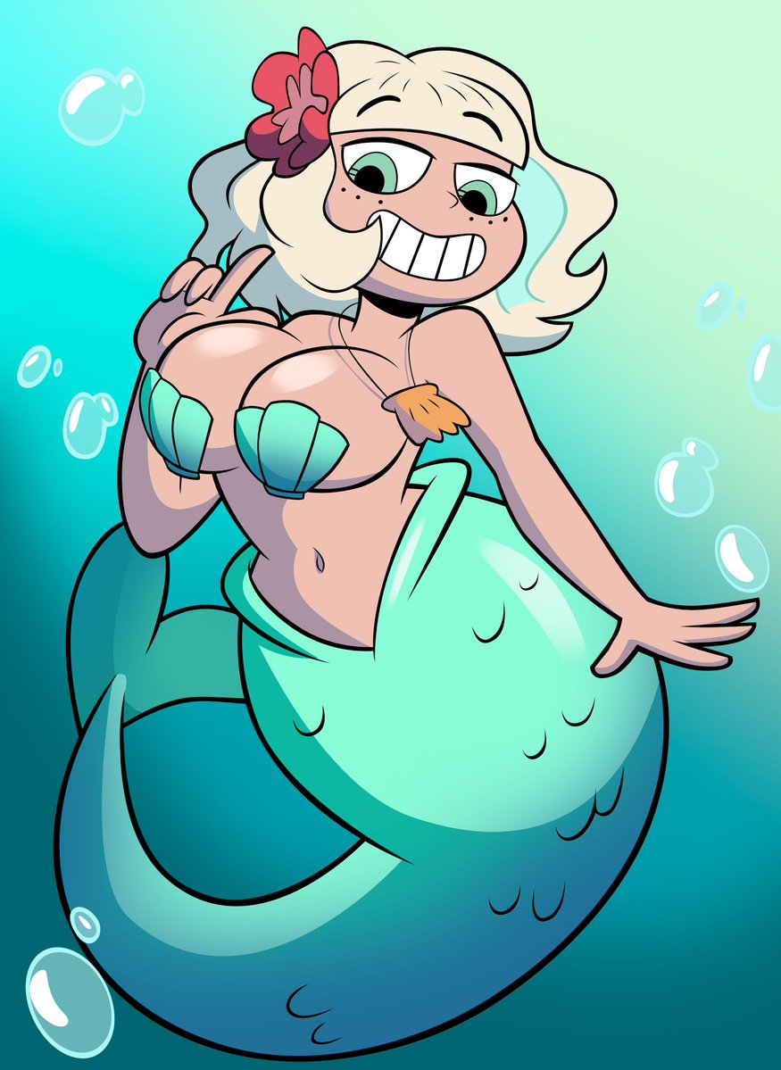 1girls, 4 fingers, alternate version available, belly button, big breasts, blonde female, blonde-haired female, breasts, disney, disney channel, disney xd, female, flower, flower in hair, green tail, grimphantom, jackie lynn thomas, jpeg, merfolk, mermaid, mermaid girl, mermaid tail, necklace, shell bikini, smile, solo, star vs the forces of evil, underwater, water