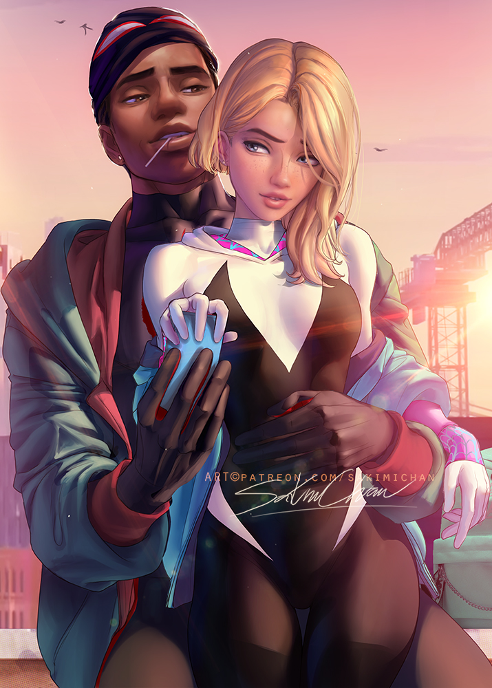 1boy 1girls asymmetrical_hair big_hands canon_couple couple dark-skinned_male dark_skin female gwen_stacy interracial large_hands light-skinned_female light_skin lips male/female marvel miles_morales romantic romantic_ambiance romantic_couple sakimichan small_breasts spider-gwen spider-man spider-man:_across_the_spider-verse spider-man:_into_the_spider-verse spider-man_(series) wholesome