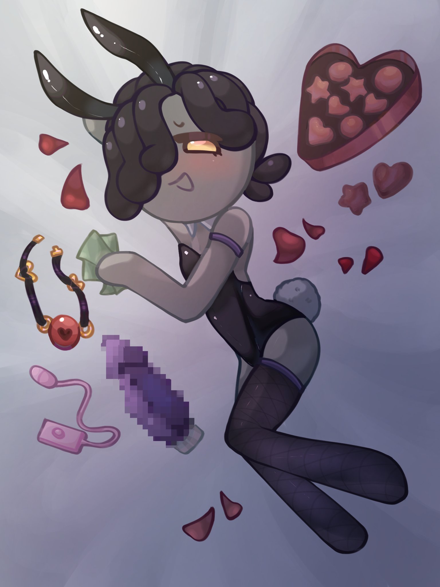 bunnysuit, cookie run, cuntboy, dreadlocks, etlog (artist), grey skin, intersex, licorice cookie, sex toy, thighhighs, yellow eyes