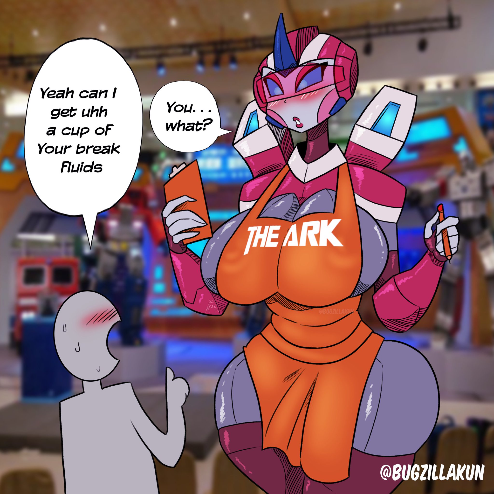 1boy, 1girls, anon, apron, apron only, arcee, arcee (g1), armor, armored female, artist name, autobot, big breasts, blush, breasts, bugzilla, busty, curvaceous, curvy, curvy body, curvy female, curvy figure, cybertronian, dialogue, female, female autobots, giant breasts, hourglass figure, huge breasts, male, robot, robot girl, robot humanoid, slim waist, speech bubble, thick thighs, transformers, visor (eyewear), voluptuous, voluptuous female, waitress, wide hips