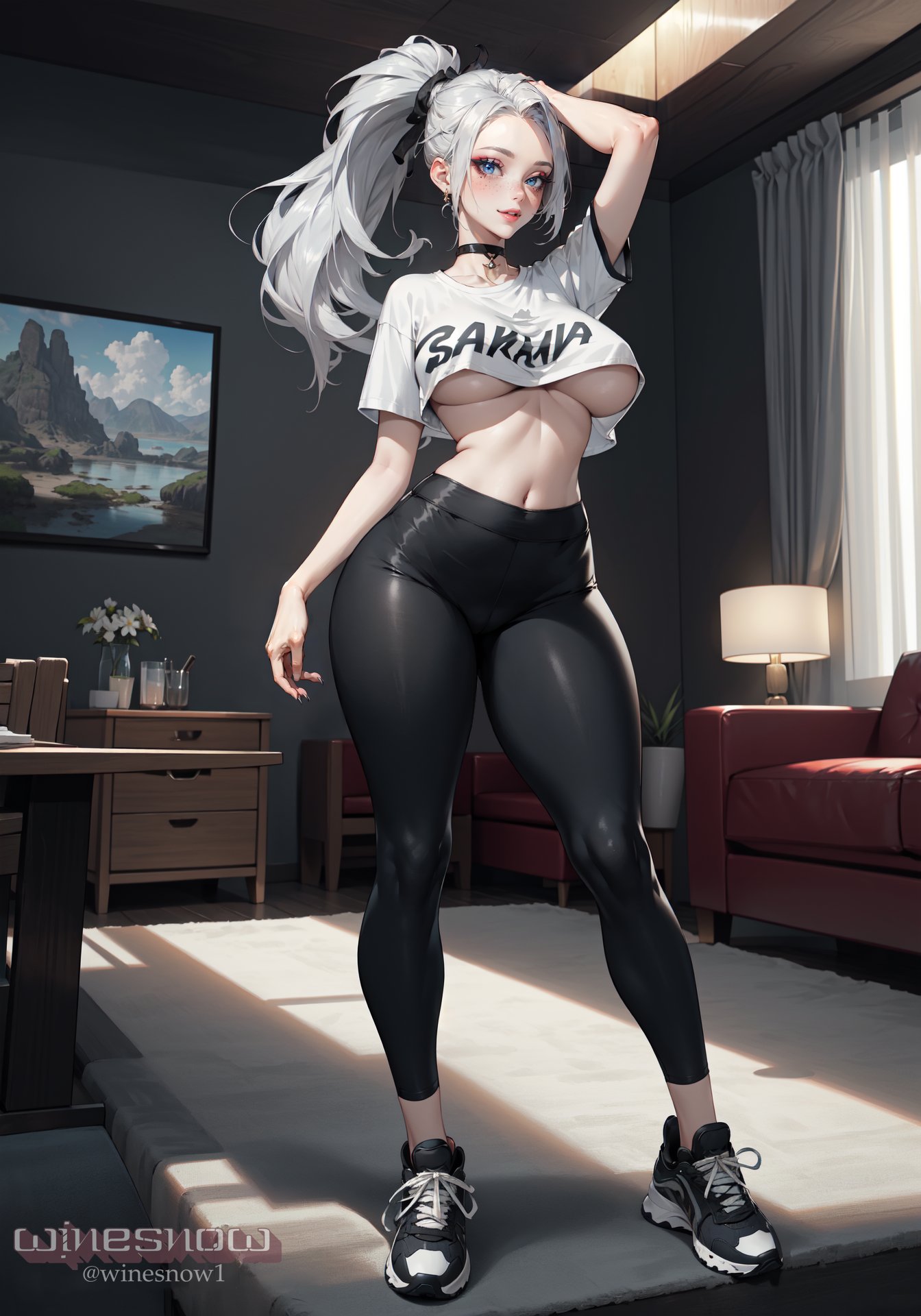 1girls, ai generated, breasts, female, female focus, female penetrated, huge breasts, jogging pants, long hair, ponytail, seductive look, stable diffusion, voluptuous, voluptuous female, winesnow