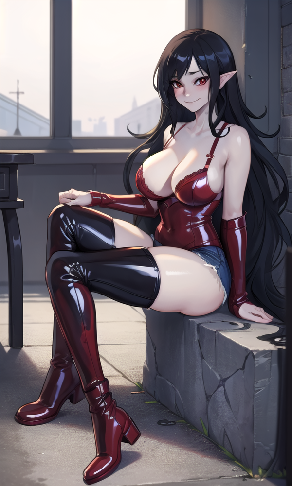 adventure_time ai-chan42069 ai_generated black_hair blush large_breasts long_hair marceline_abadeer pale_skin pointy_ears red_eyes short_shorts smiling_at_viewer stable_diffusion thighhigh_boots vampire