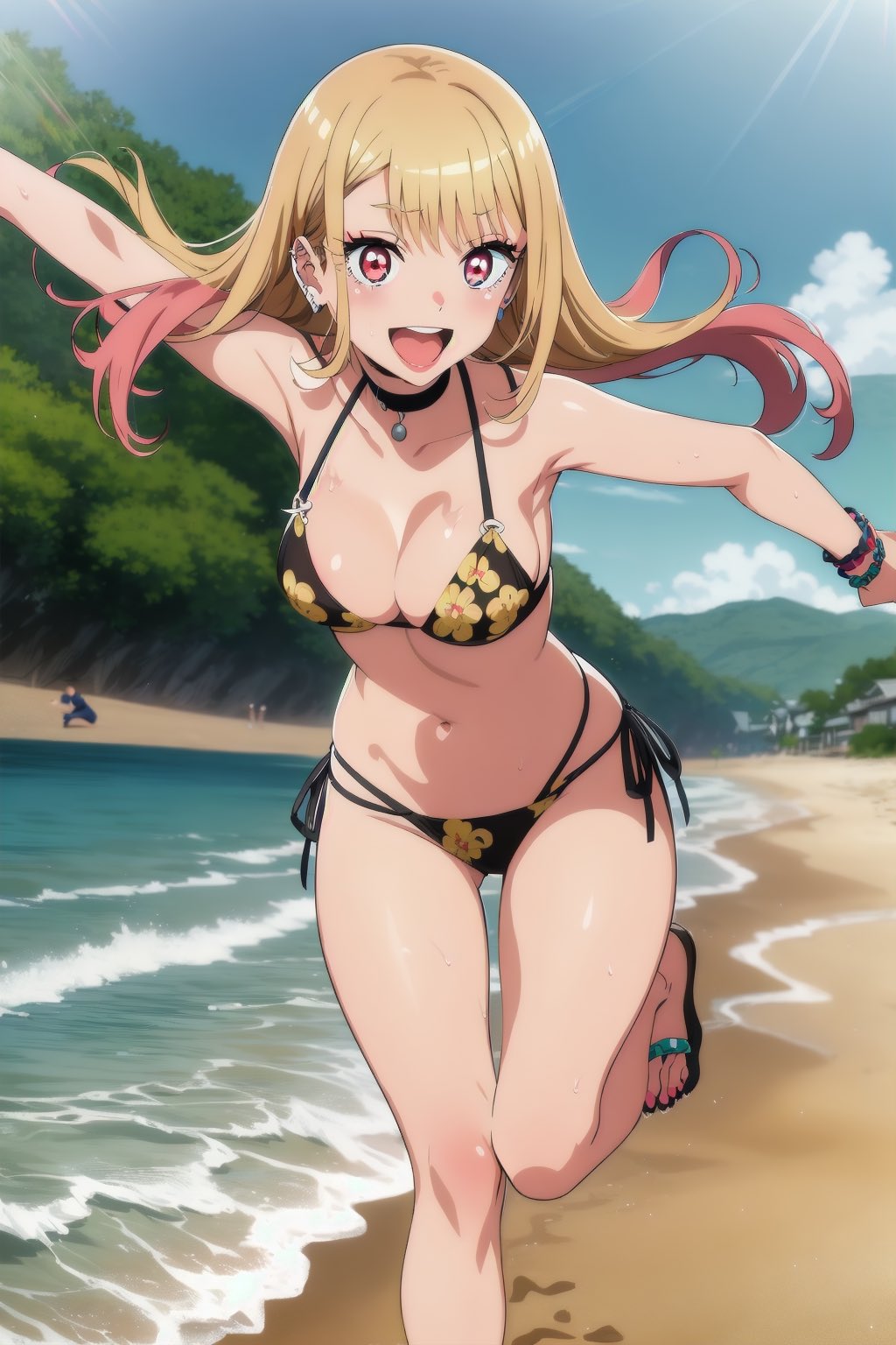1girls, ai generated, beach, big breasts, bikini, black bikini, blonde hair, breasts, busty, cleavage, feet, female, female only, kitagawa marin, large breasts, legs, looking at viewer, navel, ocean, open mouth, pink eyes, smile, solo, sono bisque doll wa koi wo suru, thighs, voluptuous, water