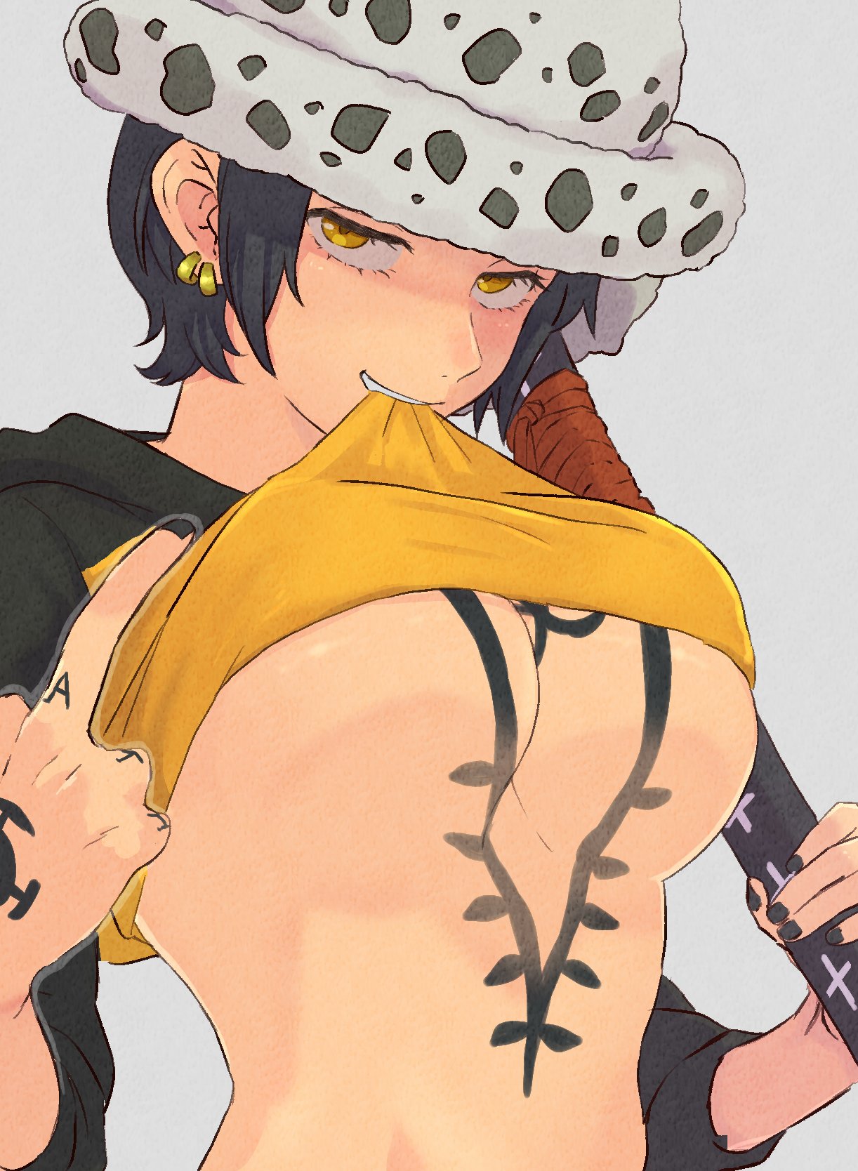 big breasts, black hair, black nails, breasts, canon genderswap, chest tattoo, earrings, female, female only, genderswap, genderswap (mtf), goa 89, grin, hat, headwear, hoodie, katana, looking at viewer, nail polish, no bra, one piece, pre-timeskip, rule 63, shaded face, shiku shiku no mi, shirt in mouth, shirt lift, shirt up, short hair, shounen jump, smile, solo, sword, tattoo, tattoos, tomboy, trafalgar law, trafalgar law (female), underboob, upper body, weapon, yellow eyes