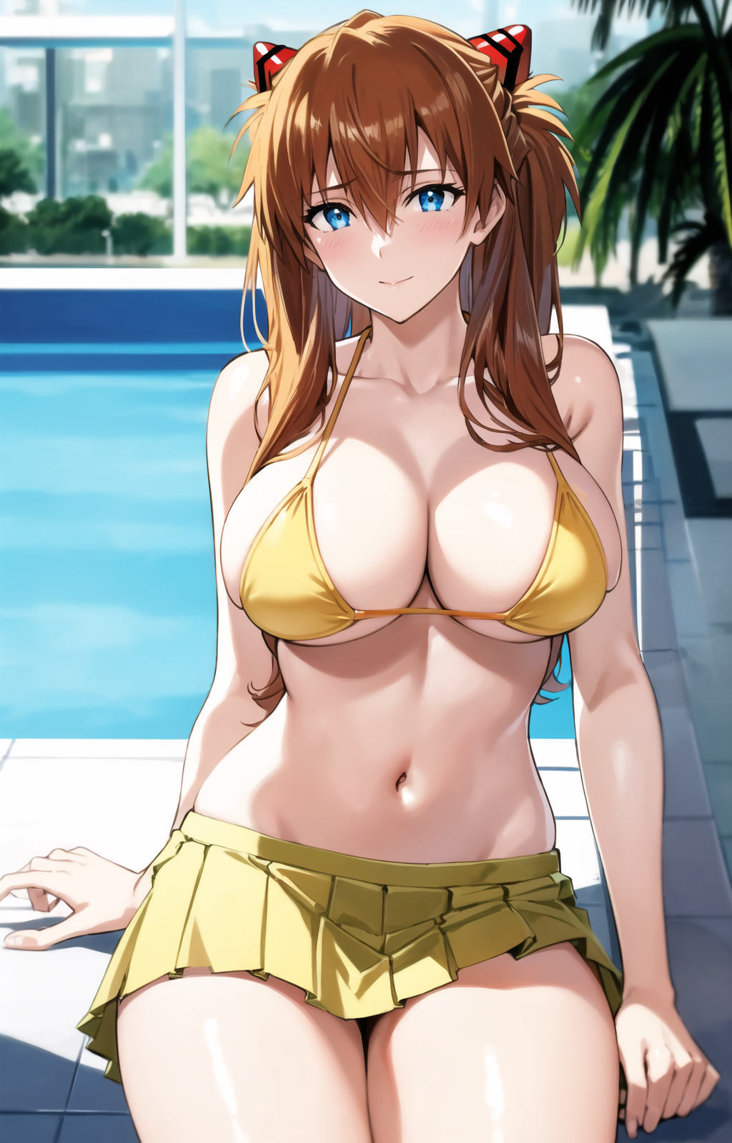 1girls ai_generated arm_support asuka_langley_sohryu bikini blue_eyes brown_hair cleavage female female_only highres large_breasts legs long_hair looking_at_viewer navel neon_genesis_evangelion pool sitting smile solo souryuu_asuka_langley thighs twintails voluptuous water yellow_bikini