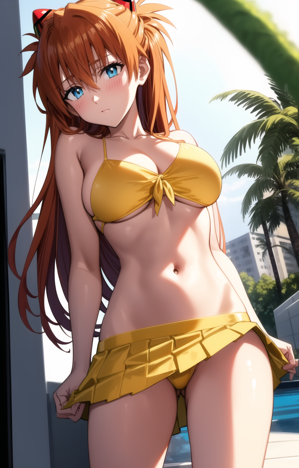 1girls ai_generated asuka_langley_sohryu bikini blue_eyes brown_hair cleavage female female_only highres large_breasts legs long_hair looking_at_viewer navel neon_genesis_evangelion solo souryuu_asuka_langley thighs twintails voluptuous yellow_bikini