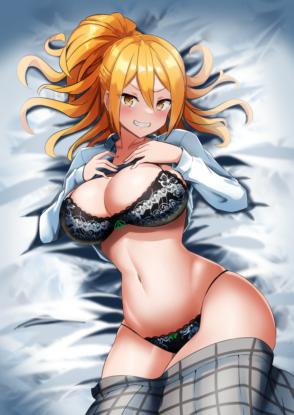 1girls blonde_hair blush bow bow_panties bra breasts cleavage clenched_teeth female large_breasts long_hair looking_at_viewer lying navel on_back origami_hina panties ponytail school_girl_strikers shirt_lift skirt skirt_down smile solo underwear yellow_eyes yuzu_kiro