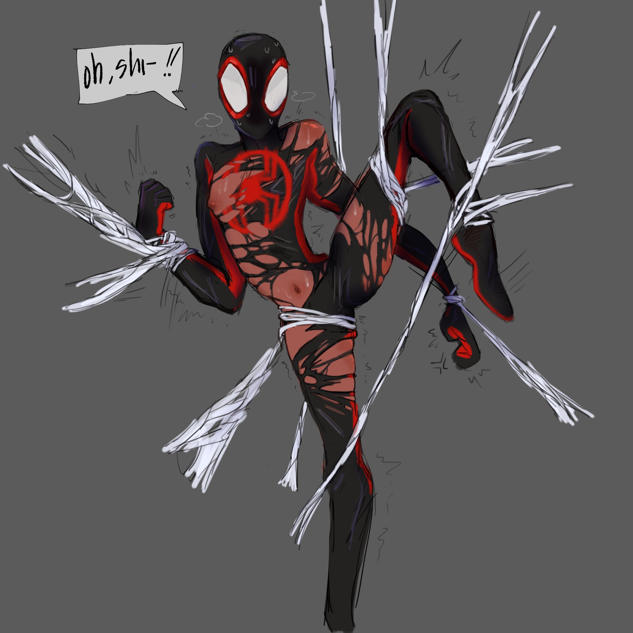 bondage, bound, captured, gay, male, male only, marvel, marvel comics, miles morales, shadowxd, solo, solo male, spandex, spandex suit, spider-man, spider-man (series), spider-man: across the spider-verse, spider-man: into the spider-verse, tied up, torn clothes, torn clothing, yaoi