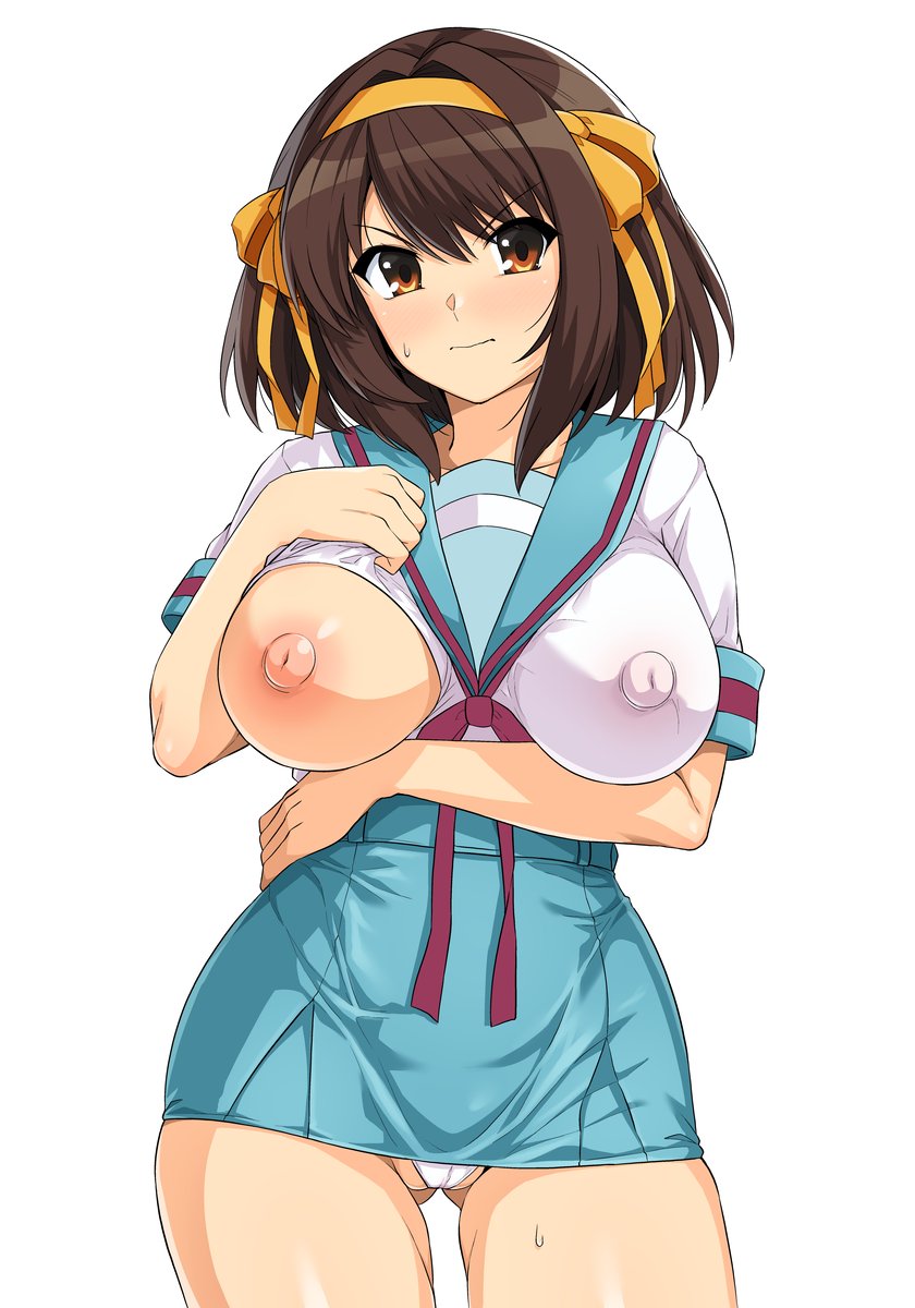 1girls blush breasts covered_nipples female haruhisky large_breasts nipples one_breast_out panties school_uniform short_hair skirt solo standing suzumiya_haruhi suzumiya_haruhi_no_yuuutsu tagme