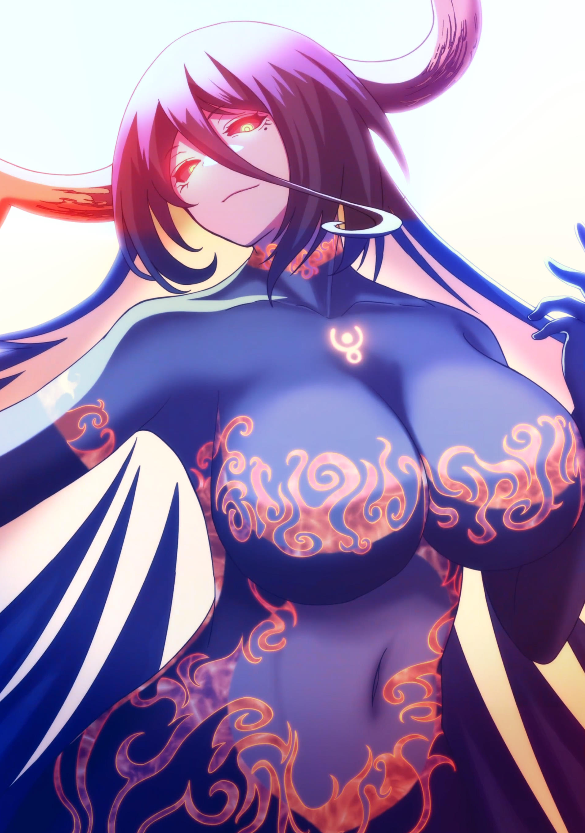 1girls, anime screencap, breasts, female, gaia (kaminaki sekai no kamisama katsudou), glowing eyes, hips, horns, huge breasts, kaminaki sekai no kamisama katsudou, large breasts, looking at viewer, mature female, monster girl, screencap, screenshot, tummy, yellow eyes