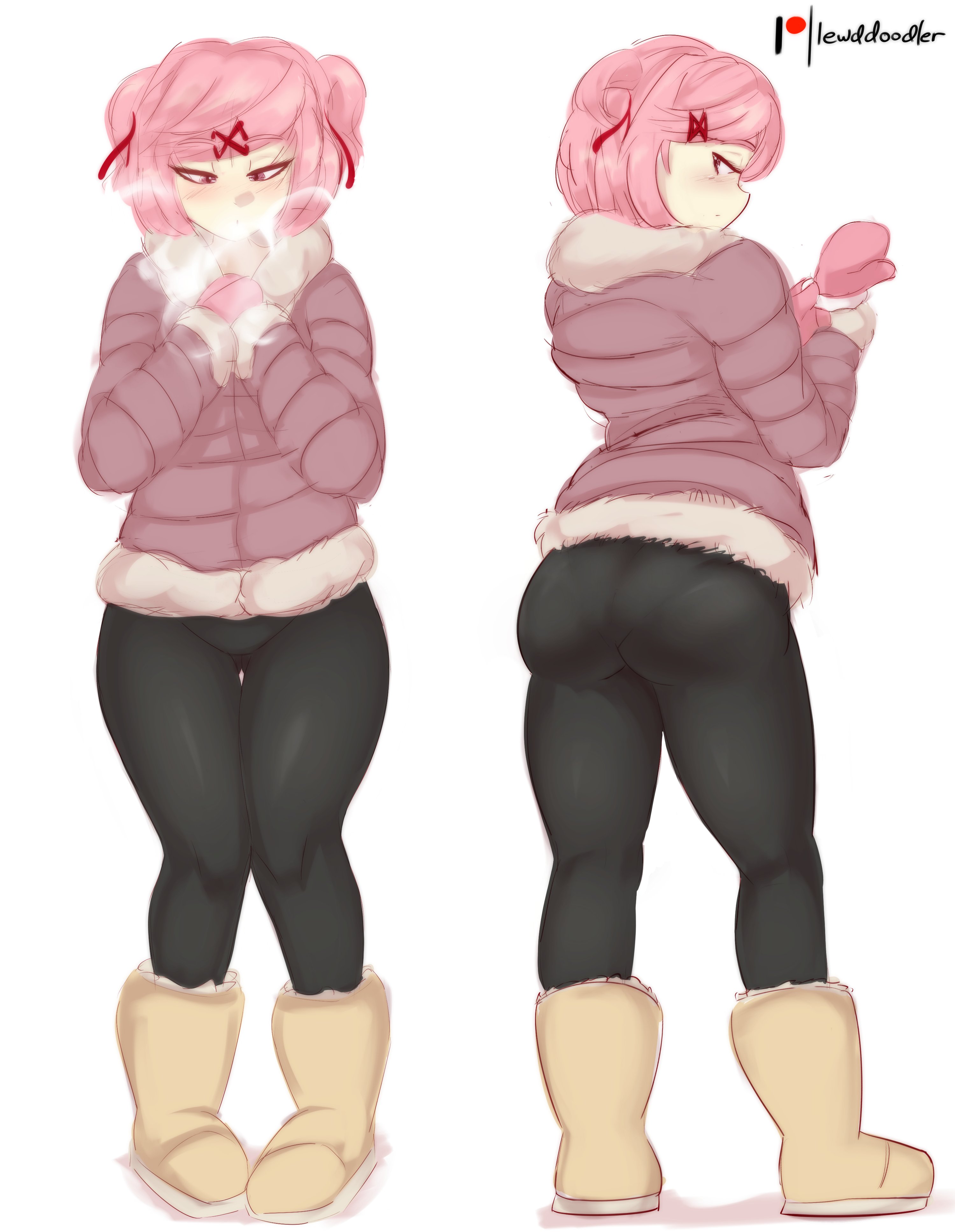 1girls, ass, back view, big ass, big thighs, boots, cold, doki doki literature club, female, front view, fur, gloves, hair, jacket, leggings, lewddoodler, natsuki (doki doki literature club), pantylines, pink eyes, pink hair, solo, solo female, solo focus, ugg boots, watermark, wide hips