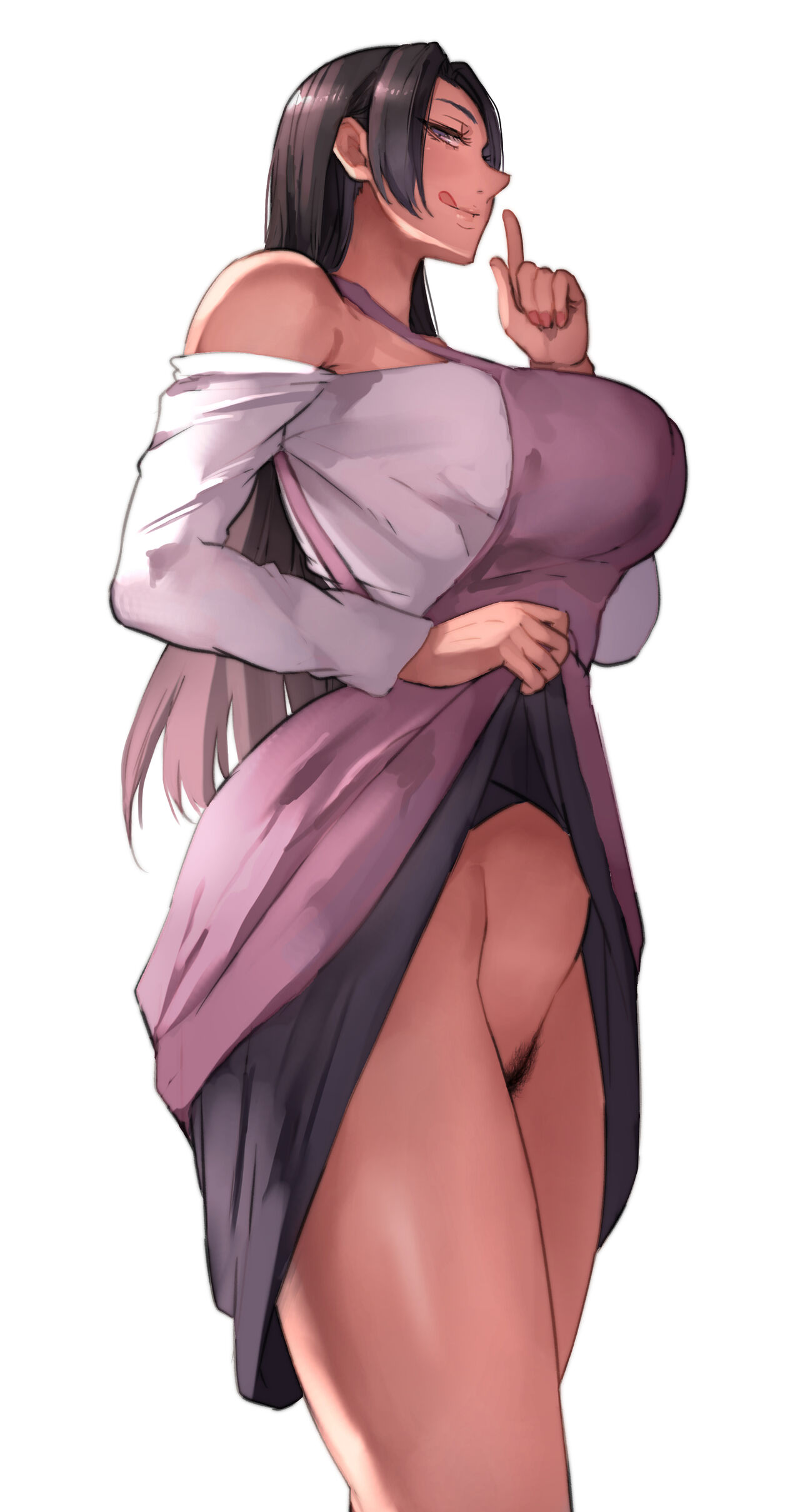1girls, 2018, absurd res, apron, bare shoulders, black hair, blue eyes, breasts, clothed, clothing, female, female only, finger to mouth, flashing, highres, large breasts, licking, licking lips, lifted by self, long hair, looking at viewer, lustful aunt (pepe (jonasan)), mature female, no panties, off shoulder, off-shoulder shirt, original, pepe (jonasan), pubic hair, seductive, shirt, shirt lift, shushing, simple background, skirt, skirt lift, solo, standing, thick thighs, thighs, tight clothing, very long hair, white background