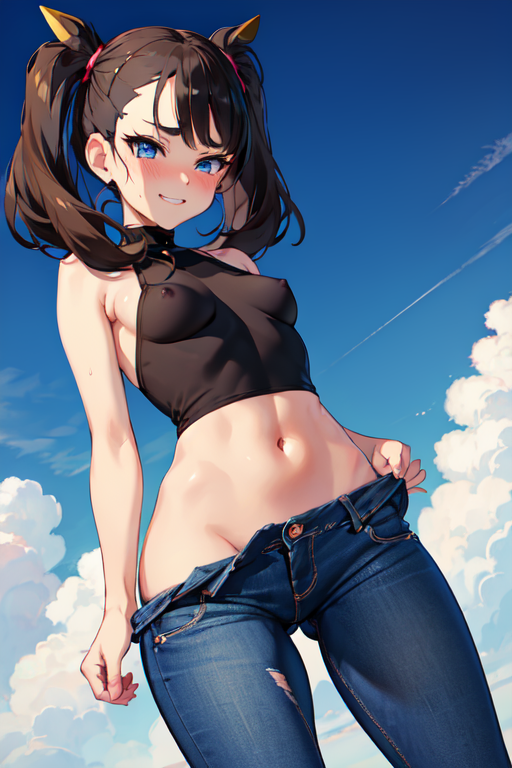 ai ai_generated blushing boobs butt cameltoe clothes embarrassed expressive_eyes eyes marnie_(pokemon) pants pokemon pulling seductive shy slight_smile smirk smirking smug tight young