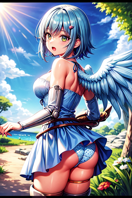 ai_generated angel angel_wings ass bare_shoulders blue_hair blush breasts dress female from_behind green_eyes hairclip looking_at_viewer medium_breasts nanael panties queen's_blade shiny shiny_hair shiny_skin short_hair single_wing solo thick_thighs thighlet wings