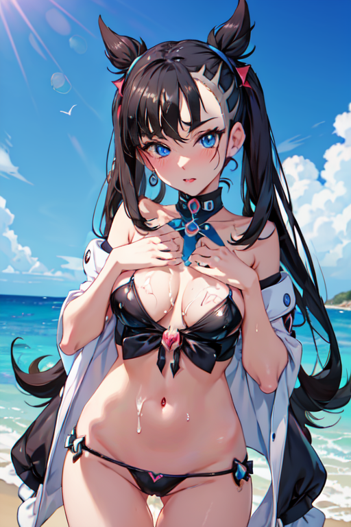 1girls ai_generated bikini blush breasts covered expressive eyes female female_only fingers horny looking_at_viewer marnie_(pokemon) navel pokemon sex solo