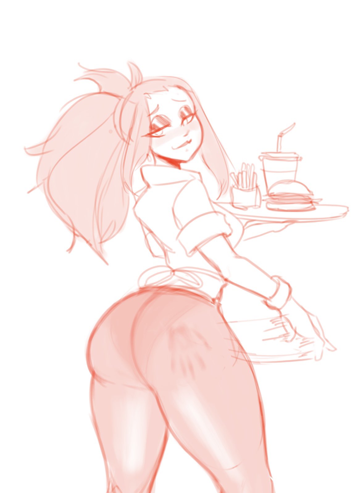 ass diner_dash elmonoart flo_(diner_dash) hand_print_on_ass hand_print_on_butt long_hair self_spanking spanking_ass spanking_butt thick thick_ass thick_hips thick_thighs waitress waitress_outfit waitress_uniform