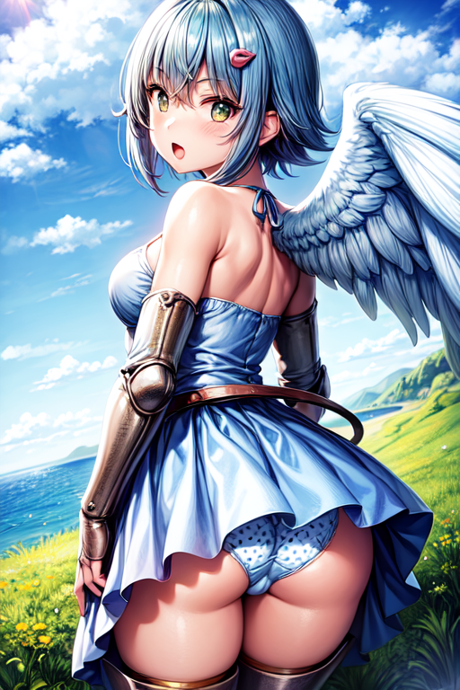 ai_generated angel angel_wings ass bare_shoulders blue_hair blush boots breasts corset dress female from_behind green_eyes hairclip looking_at_viewer medium_breasts nanael panties queen's_blade shiny shiny_hair shiny_skin short_dress short_hair single_wing skirt solo thick_thighs thigh_boots wings