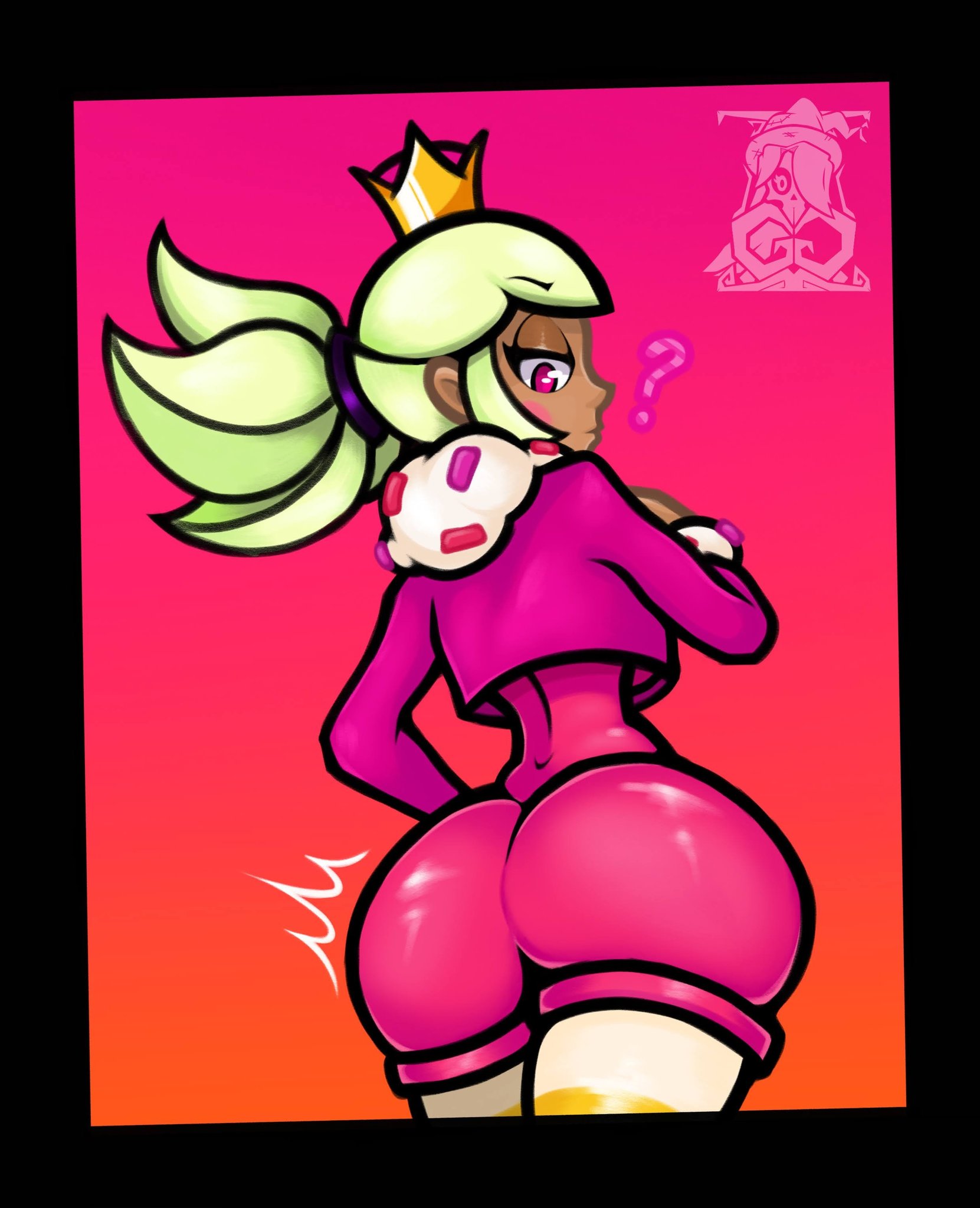 1girls, 2023, ass, big ass, big butt, brawl stars, bubble ass, bubble butt, crown, curvy, curvy body, curvy female, curvy figure, curvy hips, dark skin, dark-skinned female, female, female focus, female only, gotig1231, green hair, huge ass, huge butt, large ass, large butt, looking back, looking down, mandy (brawl stars), purple eyes, question mark, shiny clothes, slim waist, solo, solo female, solo focus, standing, striped legwear, supercell, tagme, thick thighs, tight clothing, twintails, voluptuous, voluptuous female, wide hips