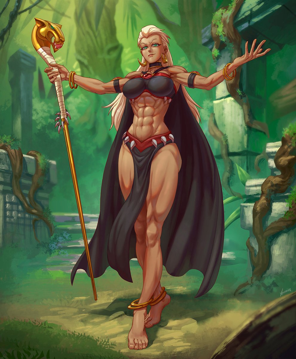 abs anklet aqua_eyes athletic_female bracelet dark-skinned_female disney earrings fit_female jungle large_breasts loincloth long_hair queen_la royalty staff tarzan_(1999_film) white_hair xeviousg