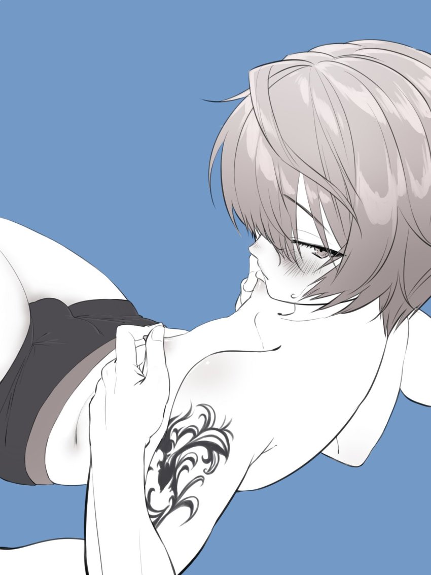 1boy blush bulge fate/grand_order fate_(series) femboy fuuma_kotarou_(fate) girly greyscale highres looking_at_viewer looking_back male male_focus male_only monochrome nipple_pinch nipple_tweak nipples nipples_touching omiyacha otoko_no_ko solo tattoo topless_male trap underwear underwear_only